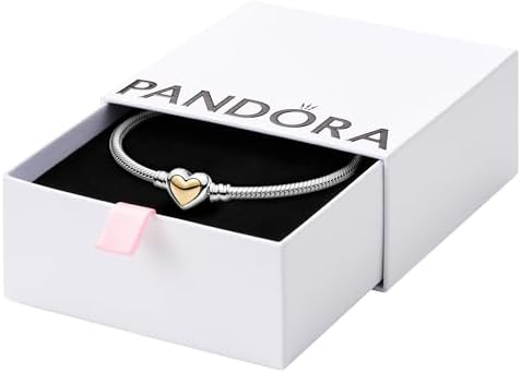 PANDORA Moments Domed Golden Heart Clasp Snake Chain Bracelet - Compatible with PANDORA Moments Charms - Charm Bracelet for Women - Mother's Day Gift with Gift Box - Sterling Silver & 14k Gold