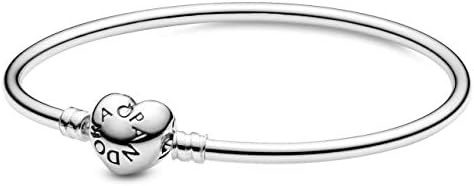 PANDORA Jewelry Bangle with Heart Clasp - Compatible with PANDORA Moments Charms - Sterling Silver Bracelet - Mother's Day Gift with Gift Box