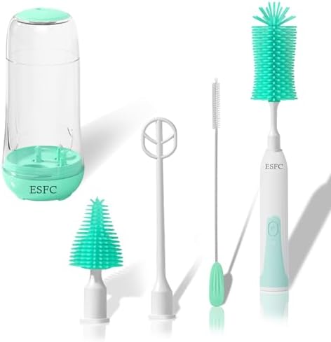 ESFC Portable Electric Baby Bottle Brush Set with Electric Bottle Brush,Nipple/Straw Brush,Milk Frother and Drying Base,Waterproof IPX7,Rechargeable Travel Bottle Cleaning Kit,Green