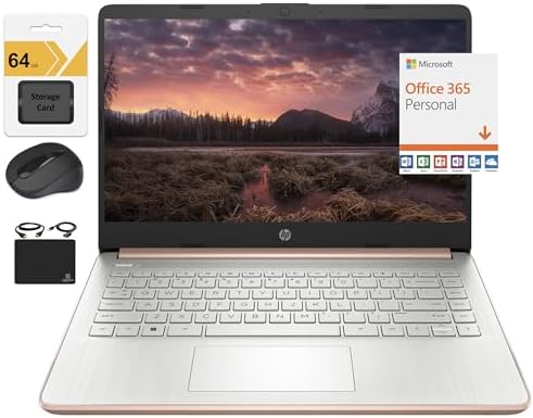 HP Newest 14" HD Ultra Light Thin Laptop, Quad-Core Intel Celeron Processor, 4GB RAM, 128GB (64GB eMMC+ 64GB Card), Wi-Fi, Upto 11 Hours, Windows 11 S + 1 Year Office 365+HubxcelAccessory, Rose Gold