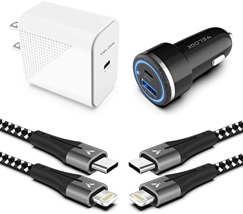 iPhone 13 14 12 Fast Charger Kit, VELOGK 20W USB C PD Wall/Car Charger Adapter for iPhone 14/13/12/Pro/Max/Mini/11/Xs Max/XR/X, iPad Pro/Air, with 2X【Apple MFi Certified】iPhone Lightning Cables(3.3ft)
