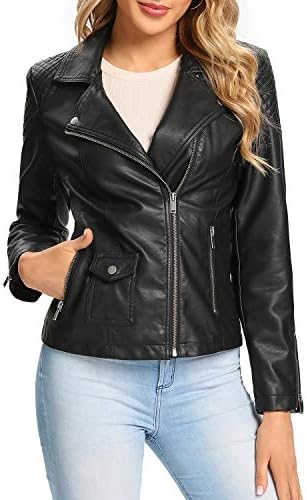 S P Y M Womens Faux Leather Jacket, Moto Biker Coat, Quilted Zip Up Outwear
