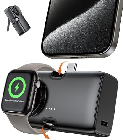 Portable Charger for iPhone Apple Watch,Samsung 5000mAh 20W PD Fast Charging Built-in Foldable USB-C Connector,Travel Power Bank Compatible with iPhone 15/14/13/12 Plus/Pro/Max/iWatch9/8/7/6/Se