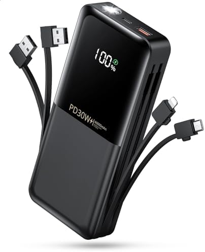 Power-Bank-Portable-Phone-Charger - 40000mAh Power Bank PD30W Fast Charger Built-in 2 Detachable Output Cables, Flashlight and LED Display for iPhone and Android Phones and Most Electronic Devices