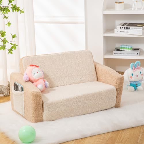 SUFUS Baby Toddler Sofa Couch for Kids Extra Wide 2-in-1 Toddler Sherpa Fold Out Couch Bed for Playroom, Pull Out Children Convertible Sofa to Lounger for Boys & Girls with Double Pockets, Khaki-Cream