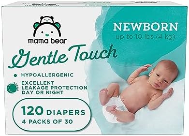 Amazon Brand - Mama Bear Gentle Touch Diapers, Hypoallergenic, Newborn, White, 120 Count (4 Pack of 30 )
