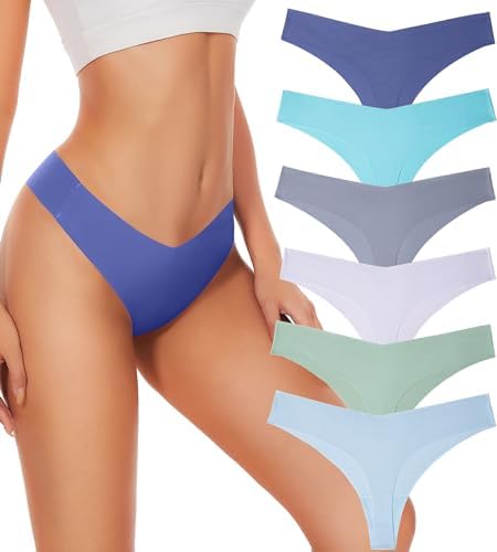 Hellopopgo Seamless Thongs For Womens V-waisted No Show Thong Seamless Panties Breathable Comfortable Underwear Women 6-Pack