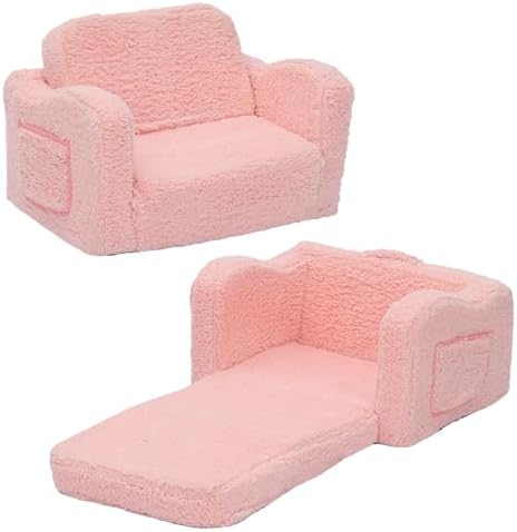 MISHAO Toddler Couch 2-in-1 Foldable Kids Sofa Couch Chair w/Removable Cover, Baby Comfy Pull Out Sofa Armchair to Lounger Sleeper Bed w/Side Pockets for Boys & Girls (Sherpa Pink)