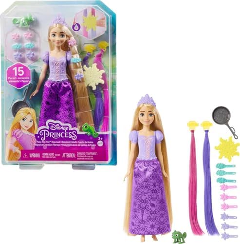Mattel Disney Princess Rapunzel Fashion Doll with Long Fairy-Tale Hair, 2 Color-Change Hair Extensions & 10 Hairstyling Pieces