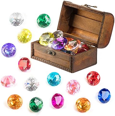 PUBGAMER Diving Gem Pool Toy 15 Big Colorful Diamond Set with Big Treasure Chest Pirate Box Underwater Gem Diving Dive Throw Toy Set Swimming Training Gift Toy