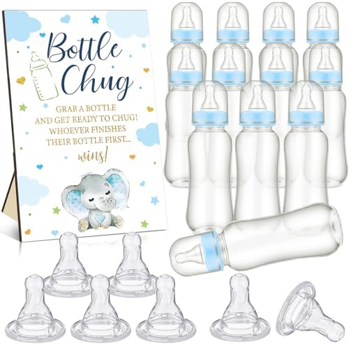 TrelaCo Blue Elephant Cool Baby Shower Games Bottle Chug Sign Wooden Elephant Theme Baby Gift Sets Gender Reveal Party Favors and 12 Pcs Baby Bottle Shower Favor Baby Bottles for Baby Shower Games