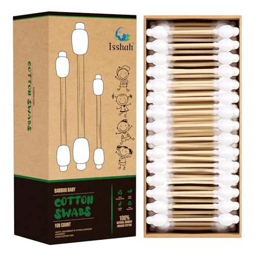Baby Cotton Swabs - 108 Count - Bamboo Handle Cotton Tips, 100% Biodegradable, Gentle, Eco Friendly, Double Tips, Plastic Free Safety Baby Cotton Buds by Isshah