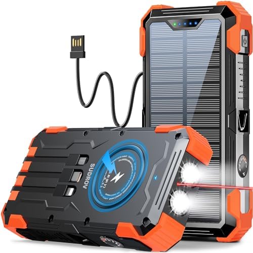 Sudrov Power Bank Wireless Charger 42800mAh Built in 4 Cables Seven Outputs 15W Fast Charging Power Bank for All Mobile Devices Three Inputs Solar Portable Charger with Dual Flashlights (Orange)
