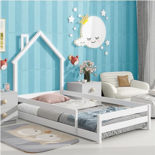 Dolonm Twin Size Montessori Toddler Floor Bed Frame, Modern House-Shaped Frame Headboard Bed with Fences, Pine Wood with Full-Length Guardrails, Bed for Girls Boys(Without Slats), White