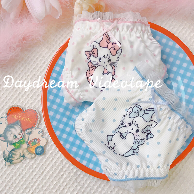 Polka Dot Cat ~ Japanese Style Girl Princess Bowknot Underwear Polka Dots Retro Comfortable Breathable Briefs Sweet Soft and Adorable