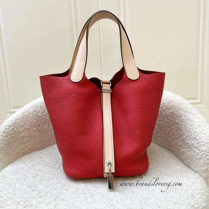 (Pre-loved) Hermes Picotin 18 in Bi-colour (Rouge Tomate Clemence / Rose Eglantine Swift) and PHW