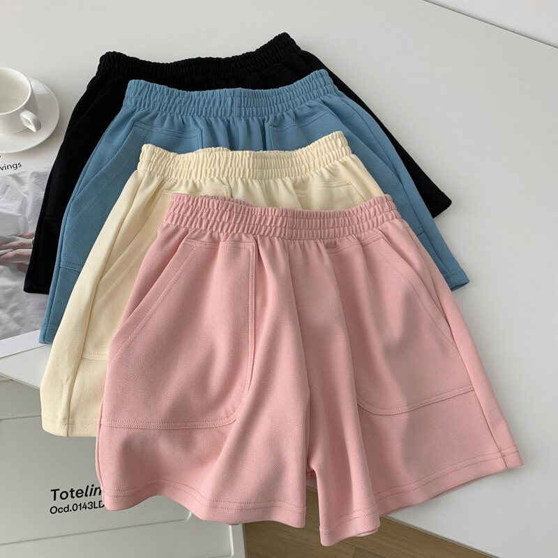 INS Super Popular Summer Home Casual Pure Color Sports Shorts Women's High Waist Slim Looking Loose Student Wide Leg Hot Pants Middle Pants