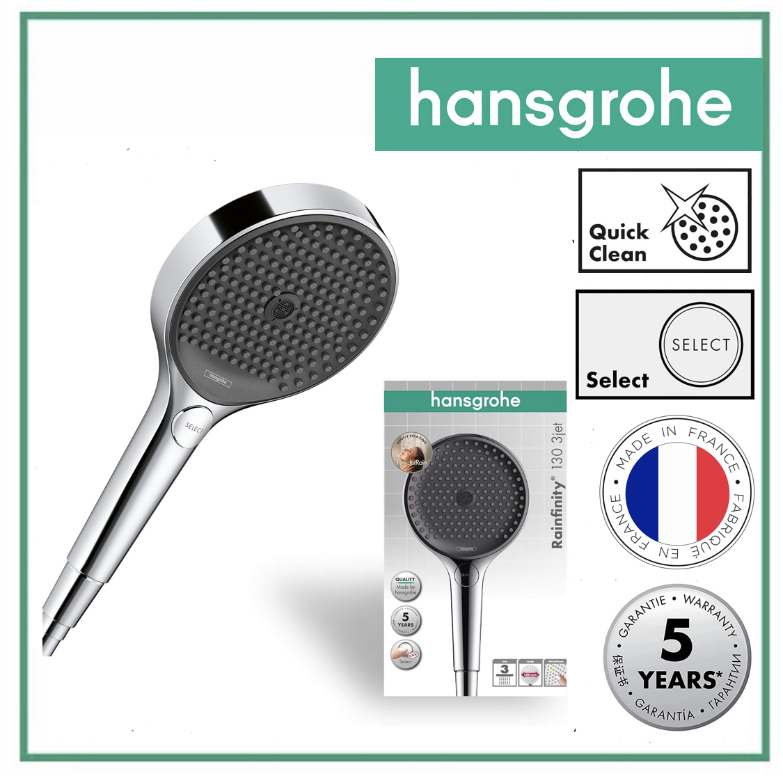 hansgrohe Rainfinity Hand Rain Shower Head 130 3jet 26864000 (Chrome) - High Flow model