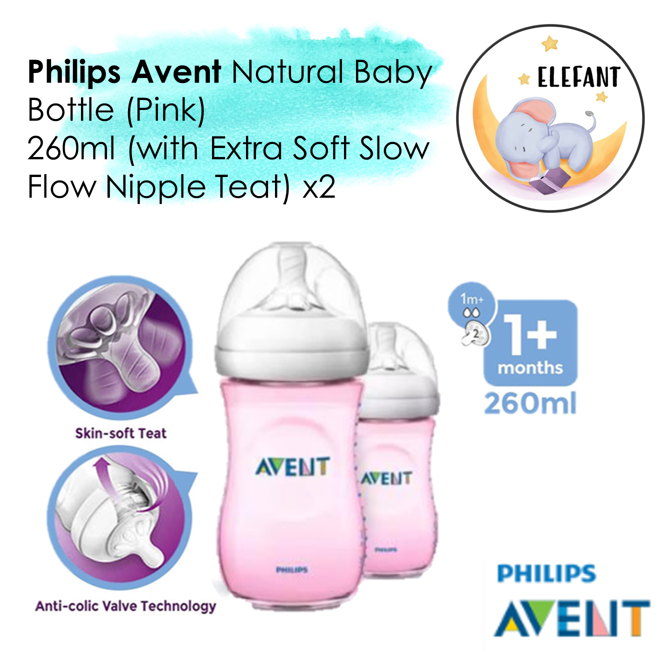 [Bundle of 2] Philips Avent Natural Baby Bottle (Pink) 260ml (with Extra Soft Slow Flow Nipple Teat)