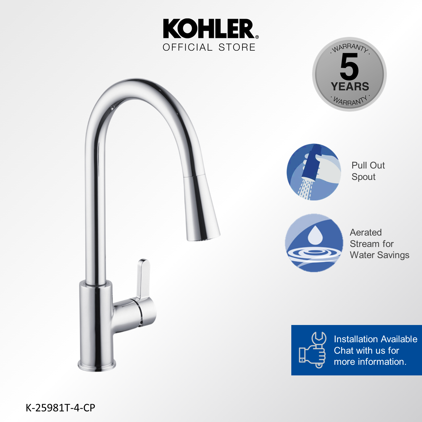 KOHLER Atom Pull-Out Kitchen Sink Faucet, Single-handle, Hot & Cold Mixer, Polished Chrome K-25981T-4-CP