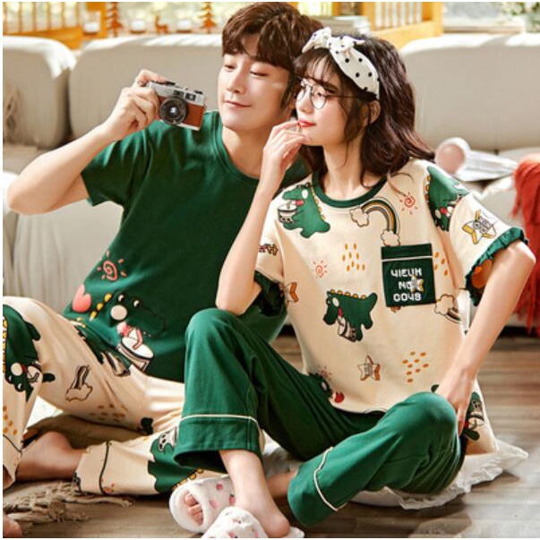ready stock couple Nightwear women Sleepwear men pajamas lovers pyjamas short sleeve and long pants Cotton Plus Size set