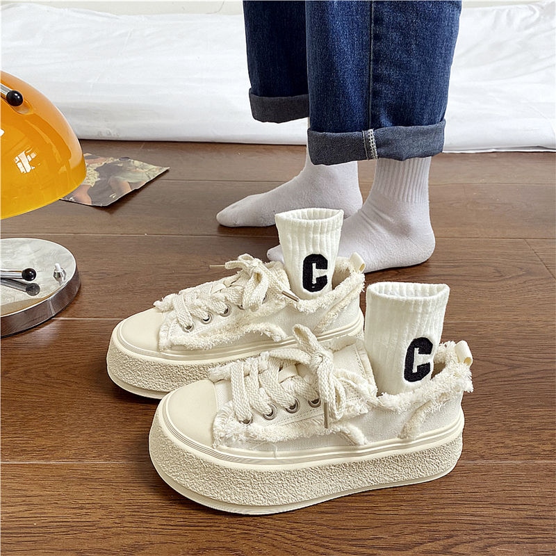 original High-end Uniqlo Yishaonian Japanese style thick-soled white shoes with raw edges for women ins super popular versatile casual sneakers internet celebrity beggar canvas shoes