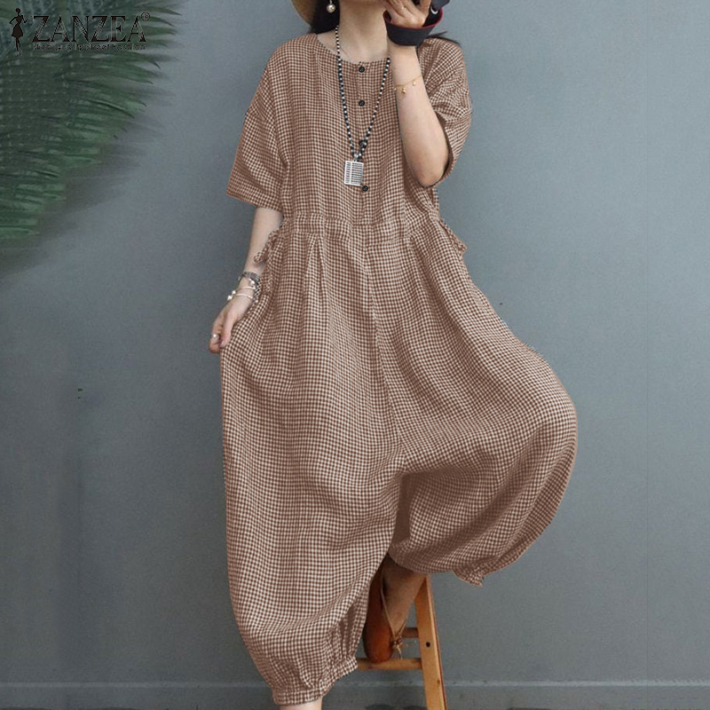 ZANZEA Women's Overalls Grid Printed O-Neck Short Sleeve Playsuits Vintage Loose Harem Pant Jumpsuits #15
