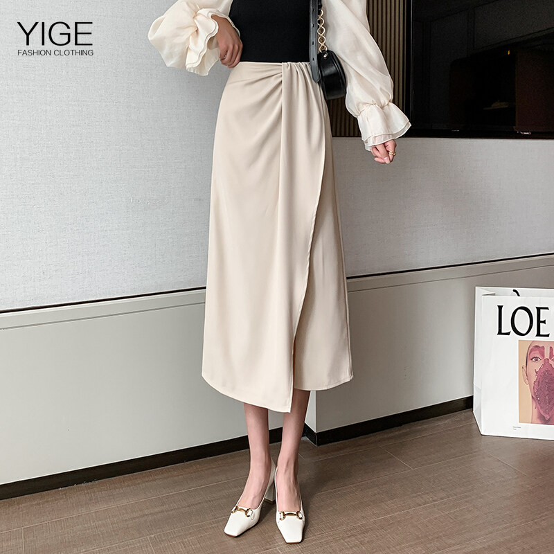 YIGE Korean fashion style irregular mid-length skirt split ends hip-lifting A-line skirt