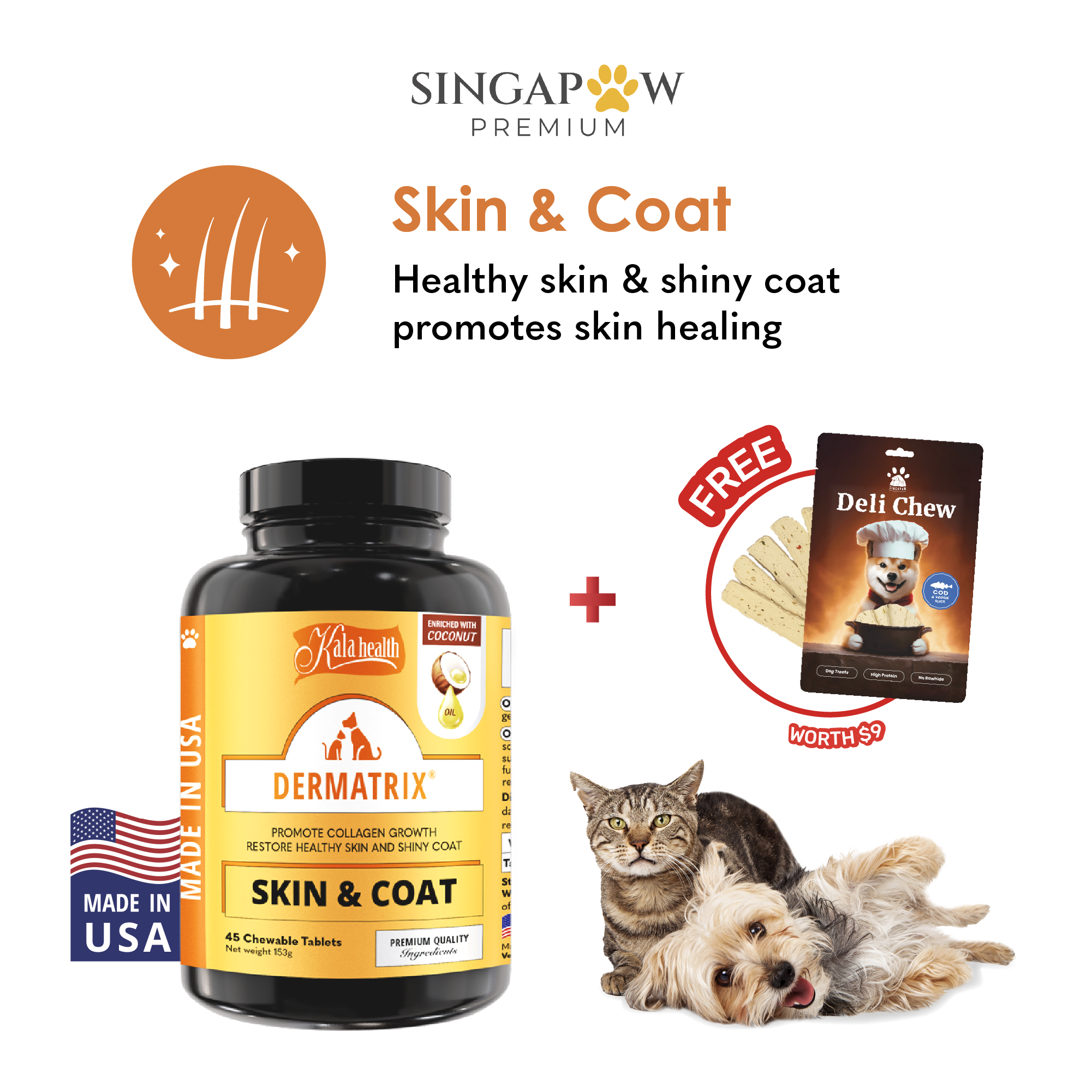 Kala Health Dermatrix 45 Tabs / Skin & Coat / Pet Supplement / MSM / Fish Oil / Vitamin A / Dog & Cat